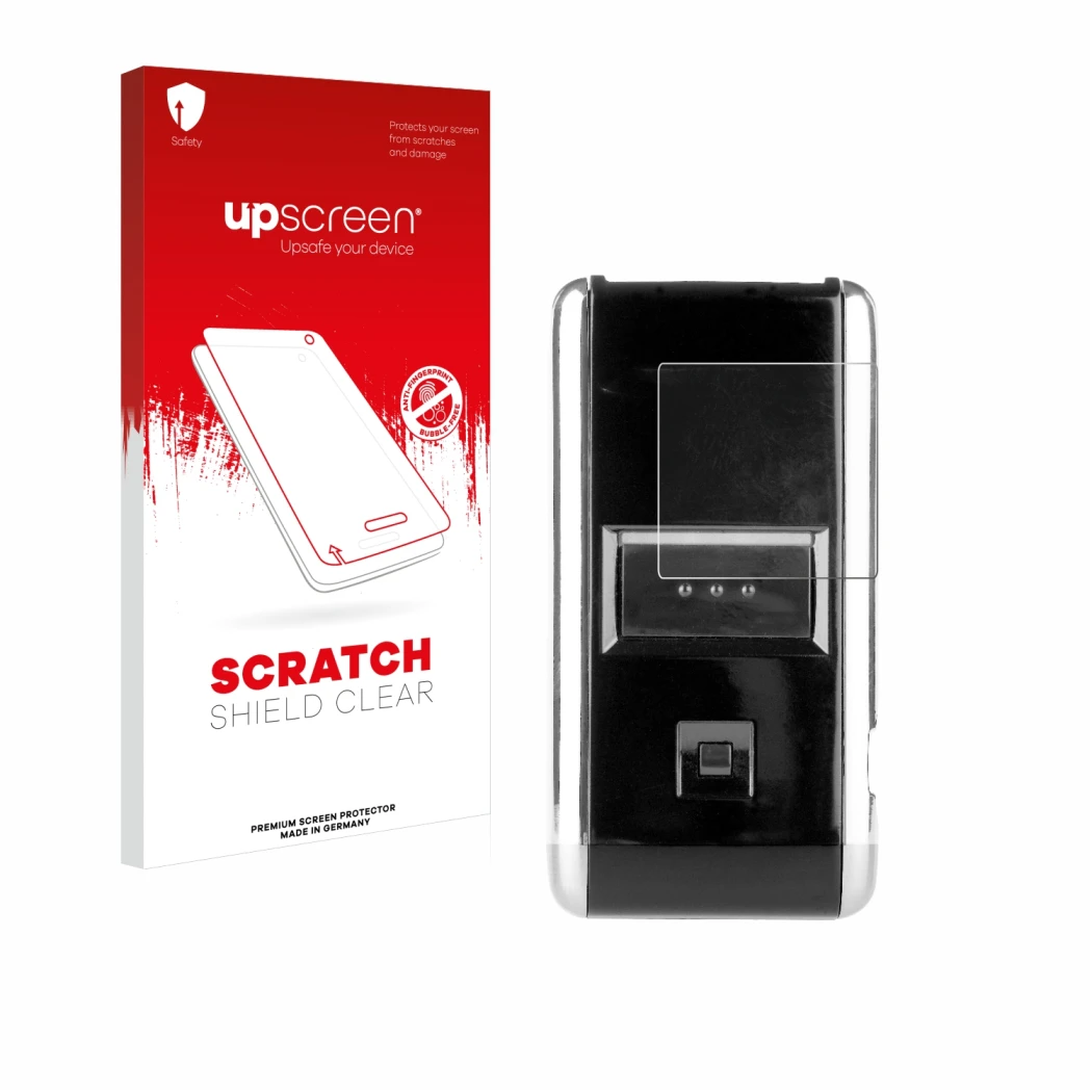 Parte frontale di una confezione del prodotto con il logo del marchio upscreen. Accanto è raffigurato il dispositivo Opticon O