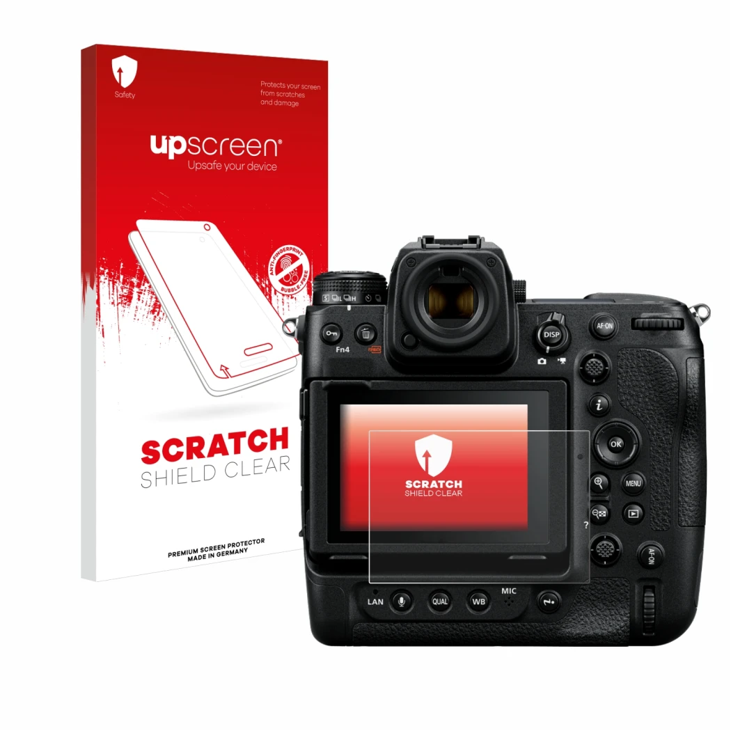 Parte frontale di una confezione del prodotto con il logo del marchio upscreen. Accanto è raffigurato il dispositivo Nikon Z 9