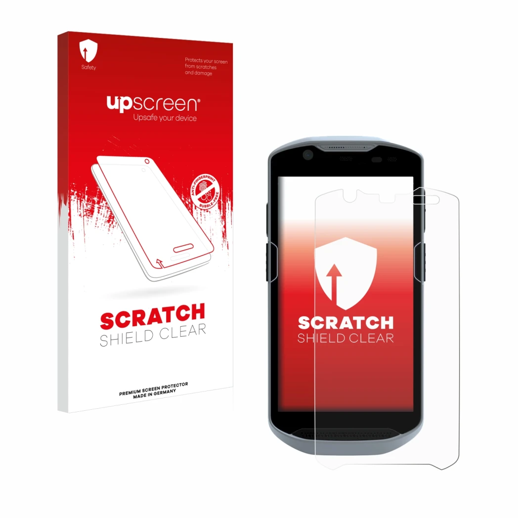 Parte frontale di una confezione del prodotto con il logo del marchio upscreen. Accanto è raffigurato il dispositivo Zebra TC5