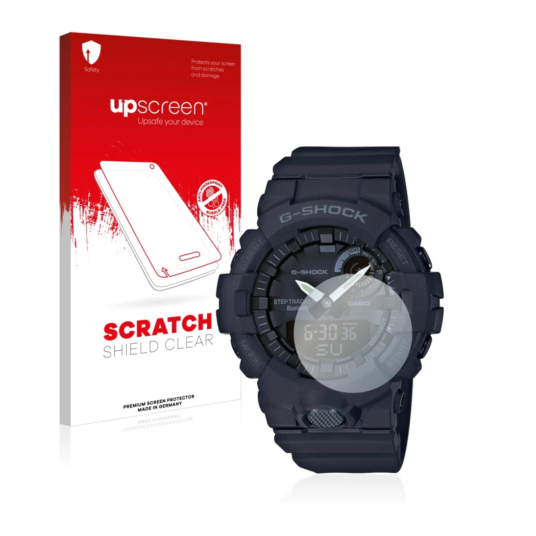 Parte frontale di una confezione del prodotto con il logo del marchio upscreen. Accanto è raffigurato il dispositivo Casio G-S