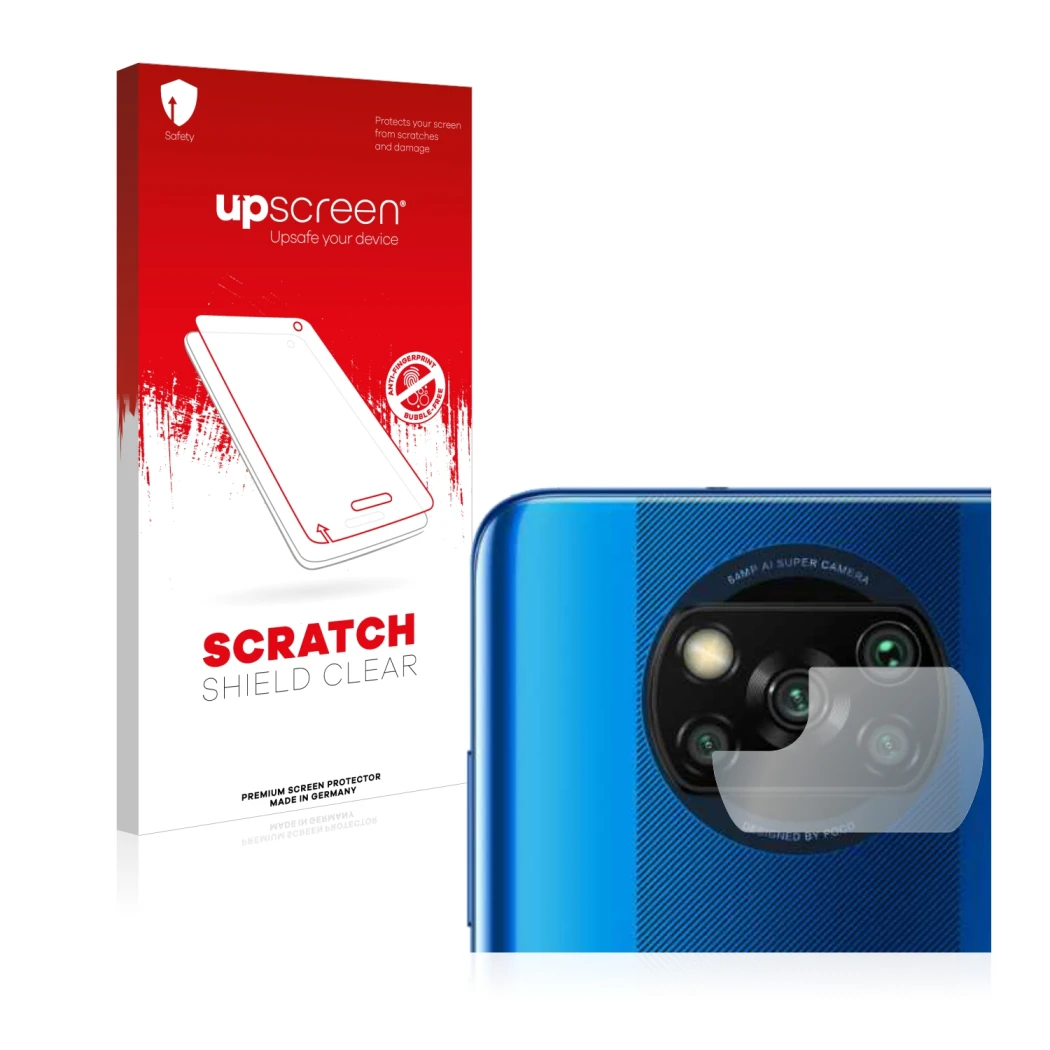 Parte frontale di una confezione del prodotto con il logo del marchio upscreen. Accanto è raffigurato il dispositivo Xiaomi Po