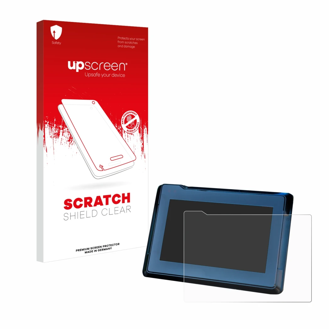 Parte frontale di una confezione del prodotto con il logo del marchio upscreen. Accanto è raffigurato il dispositivo KTM 1290 