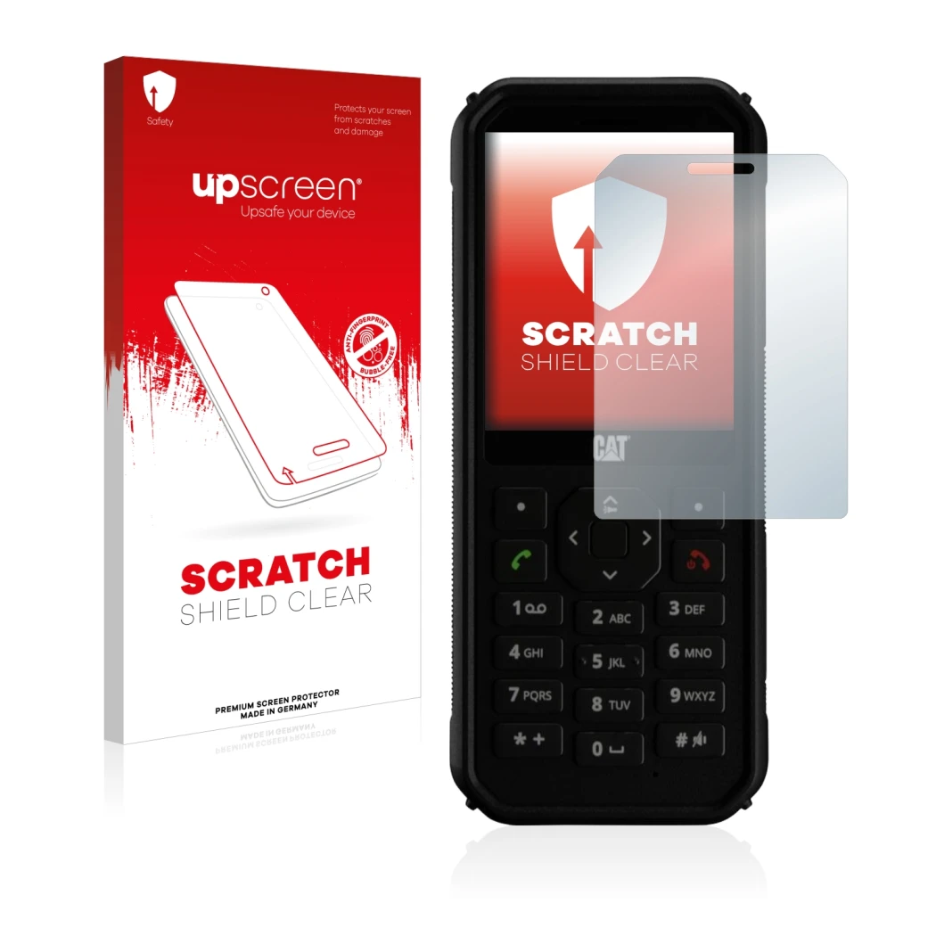 Parte frontale di una confezione del prodotto con il logo del marchio upscreen. Accanto è raffigurato il dispositivo Caterpill