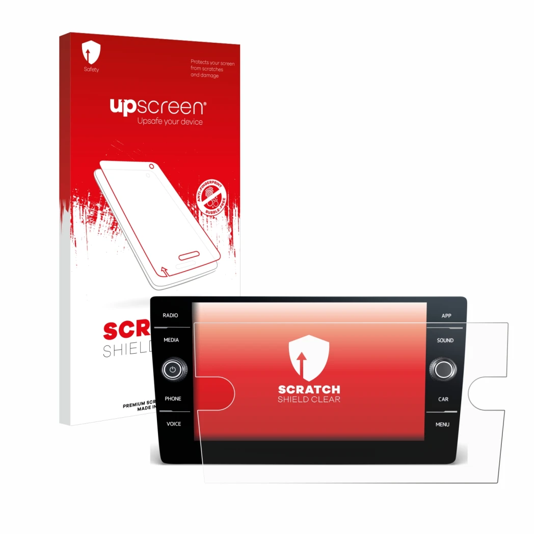 Parte frontale di una confezione del prodotto con il logo del marchio upscreen. Accanto è raffigurato il dispositivo Volkswage