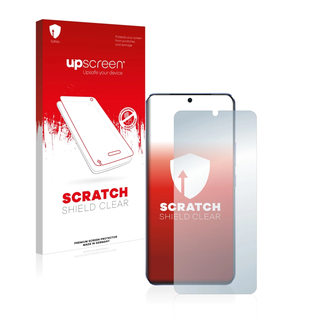 Parte frontale di una confezione del prodotto con il logo del marchio upscreen. Accanto è raffigurato il dispositivo Vivo V21