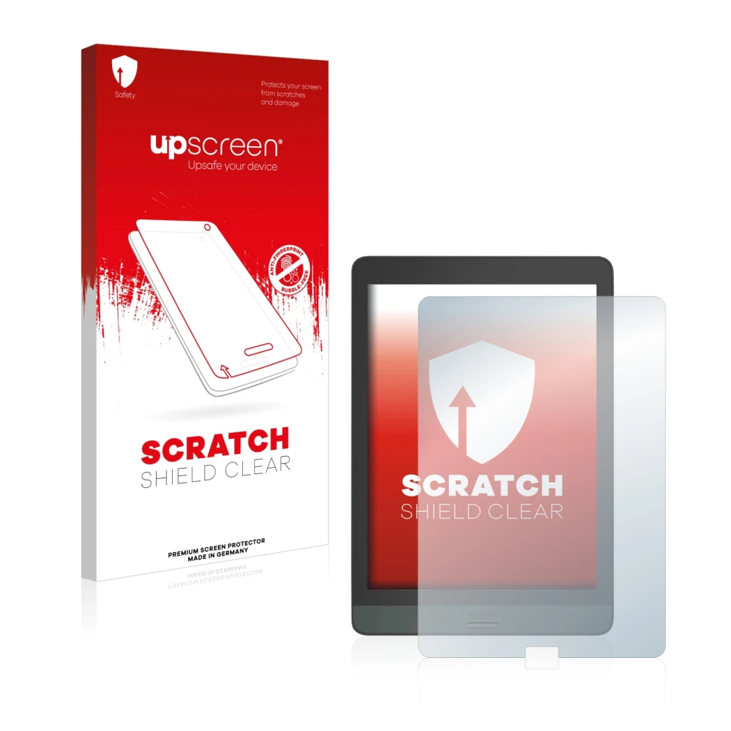 Parte frontale di una confezione del prodotto con il logo del marchio upscreen. Accanto è raffigurato il dispositivo Boox Nova