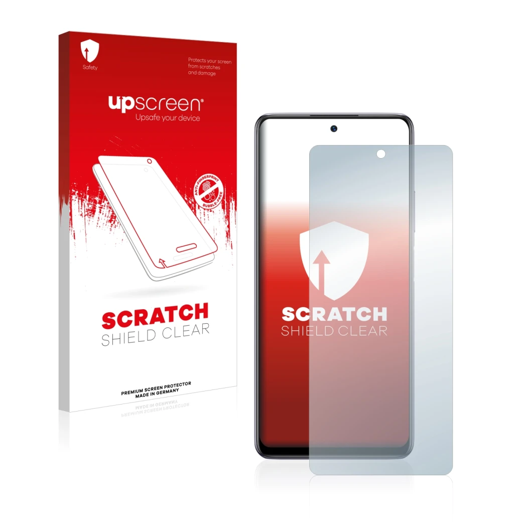 Parte frontale di una confezione del prodotto con il logo del marchio upscreen. Accanto è raffigurato il dispositivo Infinix N