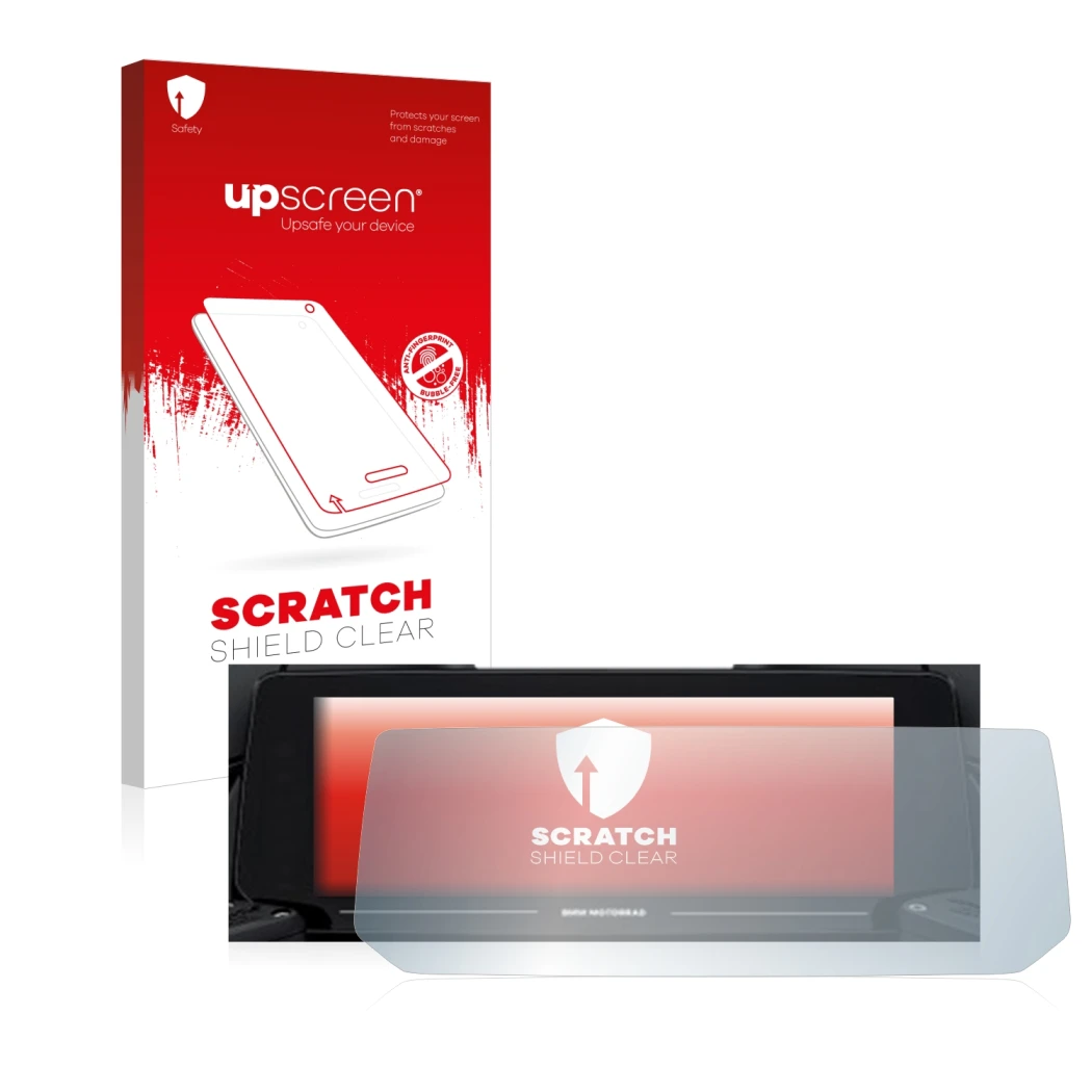 Parte frontale di una confezione del prodotto con il logo del marchio upscreen. Accanto è raffigurato il dispositivo BMW R 125