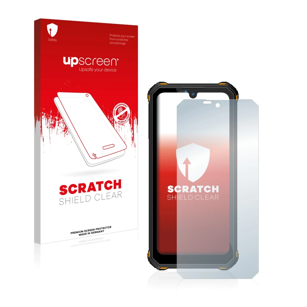 Parte frontale di una confezione del prodotto con il logo del marchio upscreen. Accanto è raffigurato il dispositivo Oukitel W