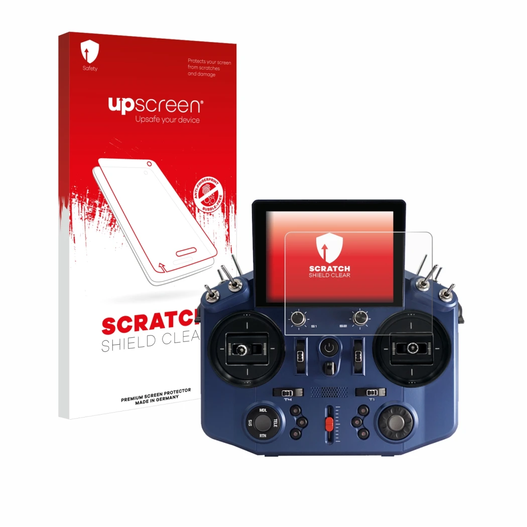 Parte frontale di una confezione del prodotto con il logo del marchio upscreen. Accanto è raffigurato il dispositivo FrSky Tan