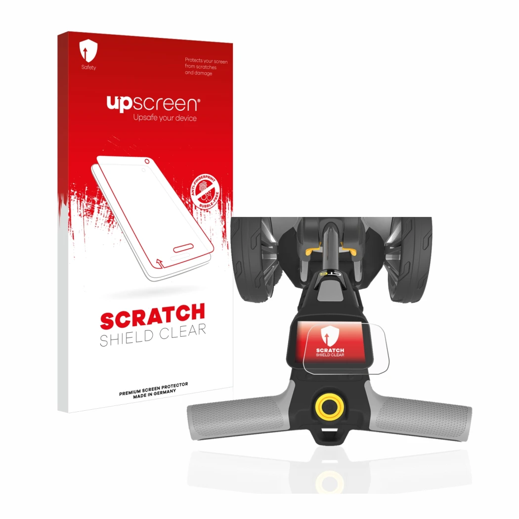 Parte frontale di una confezione del prodotto con il logo del marchio upscreen. Accanto è raffigurato il dispositivo PowaKaddy