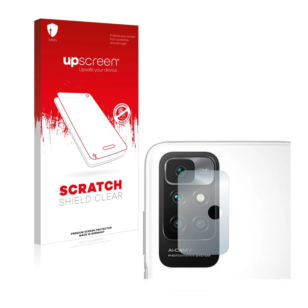 Parte frontale di una confezione del prodotto con il logo del marchio upscreen. Accanto è raffigurato il dispositivo Xiaomi Re