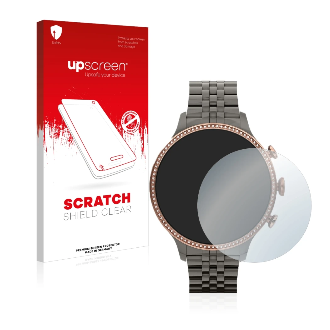 Parte frontale di una confezione del prodotto con il logo del marchio upscreen. Accanto è raffigurato il dispositivo Fossil Ge