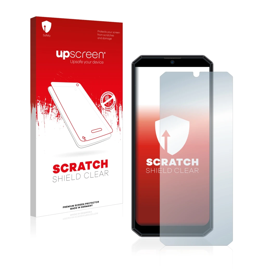 Parte frontale di una confezione del prodotto con il logo del marchio upscreen. Accanto è raffigurato il dispositivo Oukitel K