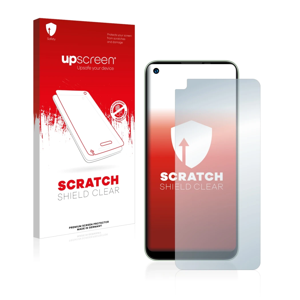 Parte frontale di una confezione del prodotto con il logo del marchio upscreen. Accanto è raffigurato il dispositivo Oukitel C