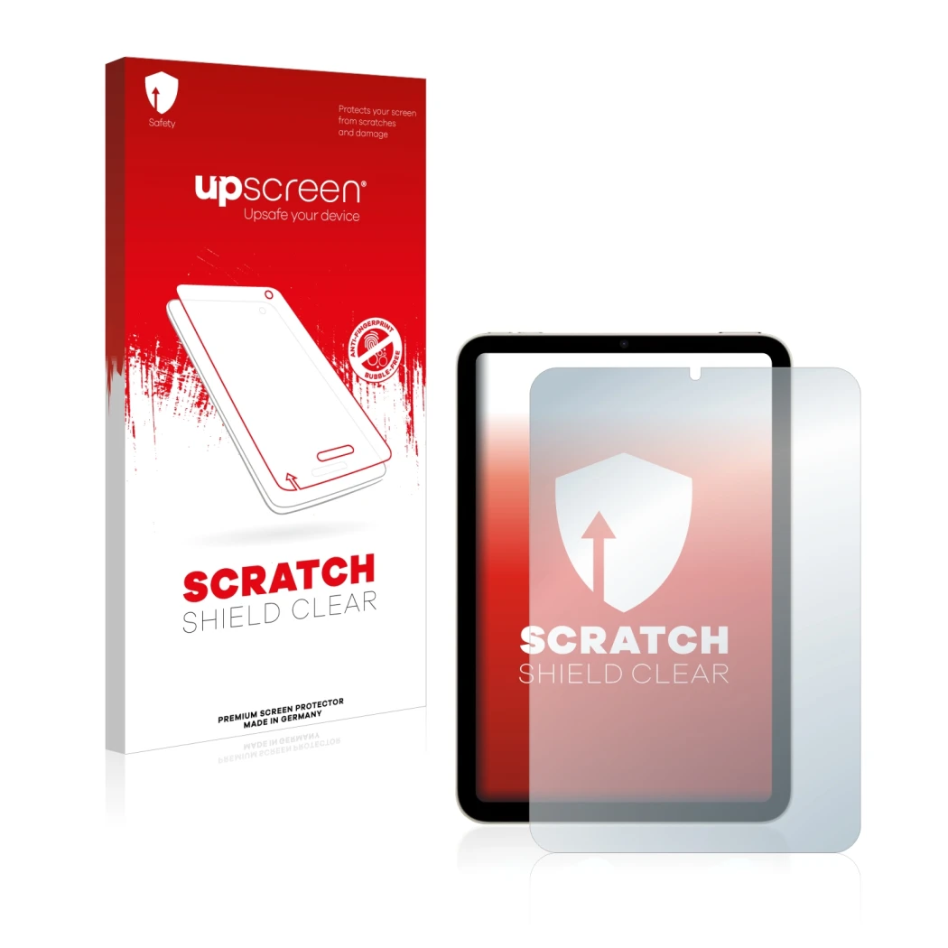 Parte frontale di una confezione del prodotto con il logo del marchio upscreen. Accanto è raffigurato il dispositivo Apple iPa