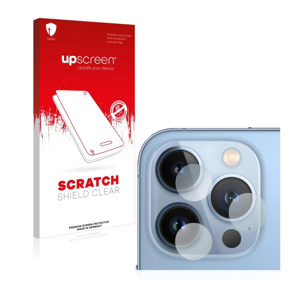 Parte frontale di una confezione del prodotto con il logo del marchio upscreen. Accanto è raffigurato il dispositivo Apple iPh