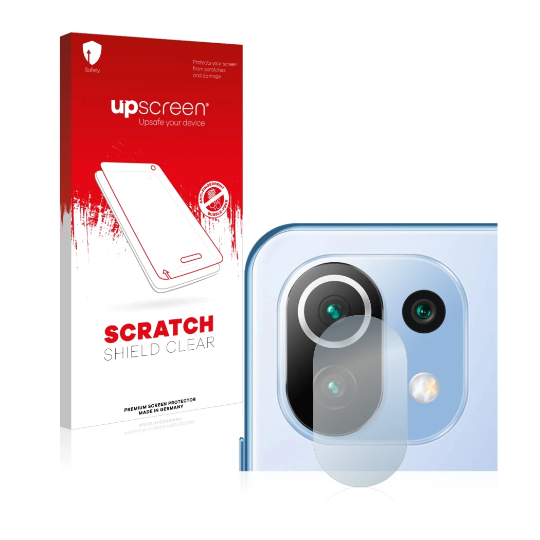 Parte frontale di una confezione del prodotto con il logo del marchio upscreen. Accanto è raffigurato il dispositivo Xiaomi 11