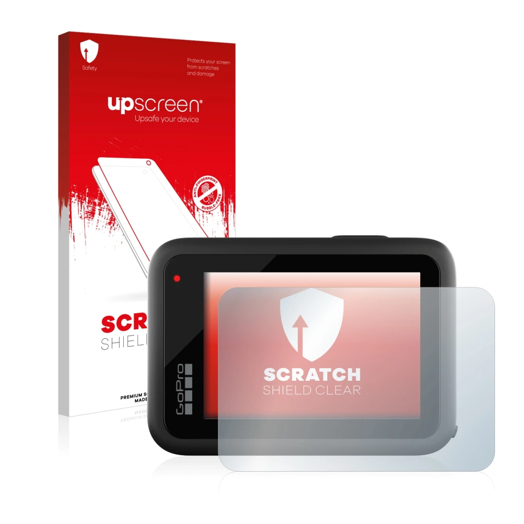 Parte frontale di una confezione del prodotto con il logo del marchio upscreen. Accanto è raffigurato il dispositivo GoPro Her