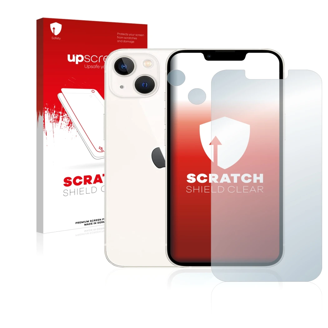 Parte frontale di una confezione del prodotto con il logo del marchio upscreen. Accanto è raffigurato il dispositivo Apple iPh