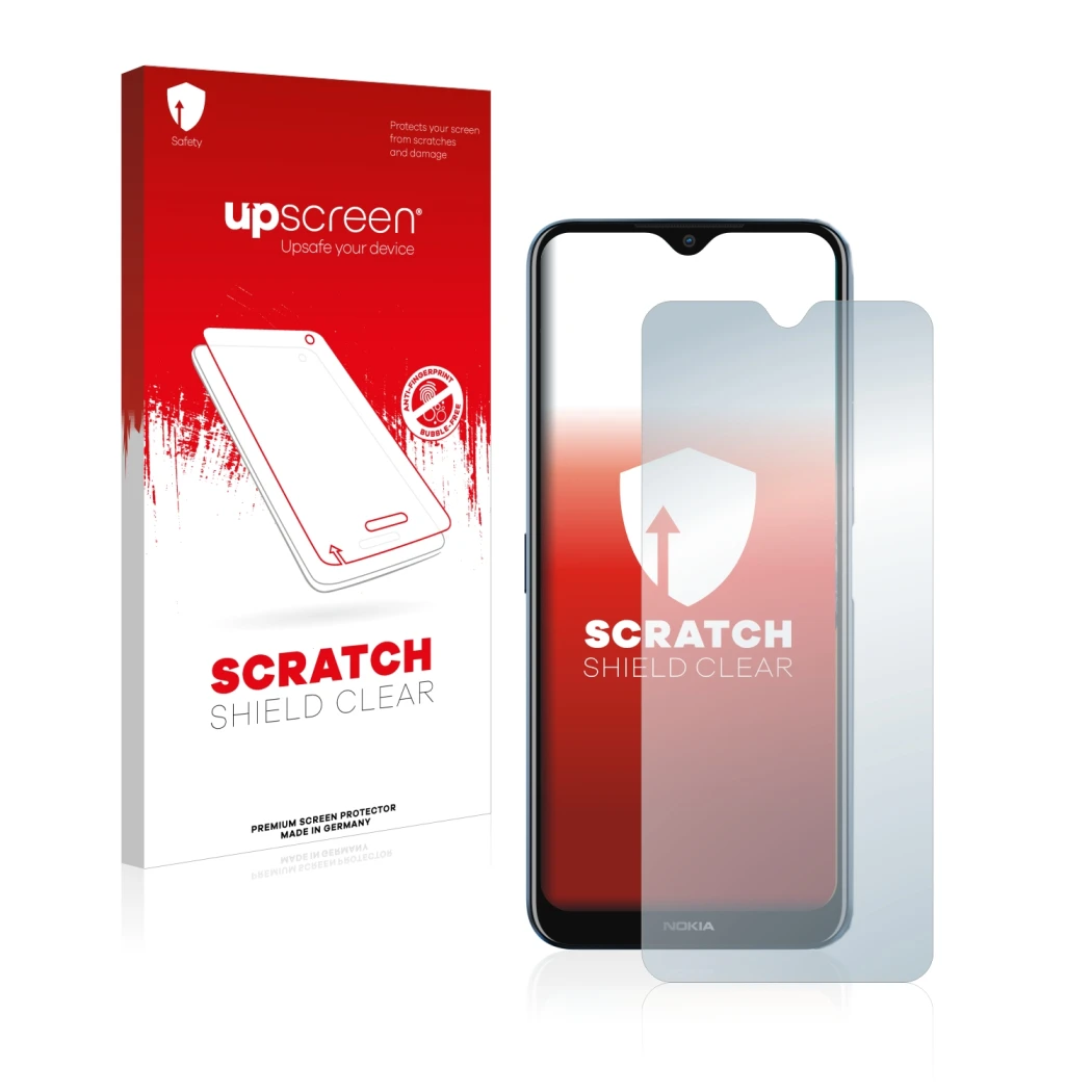Parte frontale di una confezione del prodotto con il logo del marchio upscreen. Accanto è raffigurato il dispositivo Nokia G50