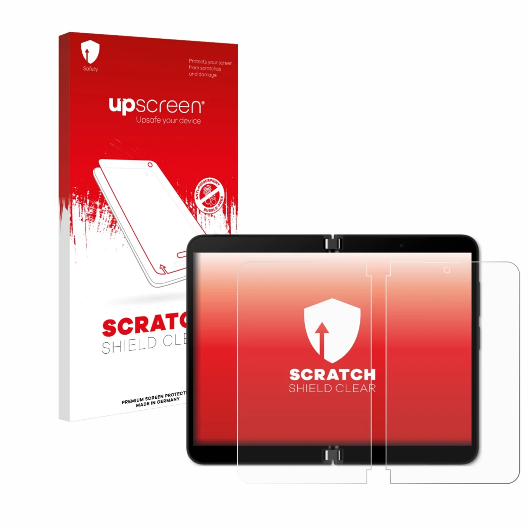 Parte frontale di una confezione del prodotto con il logo del marchio upscreen. Accanto è raffigurato il dispositivo Microsoft