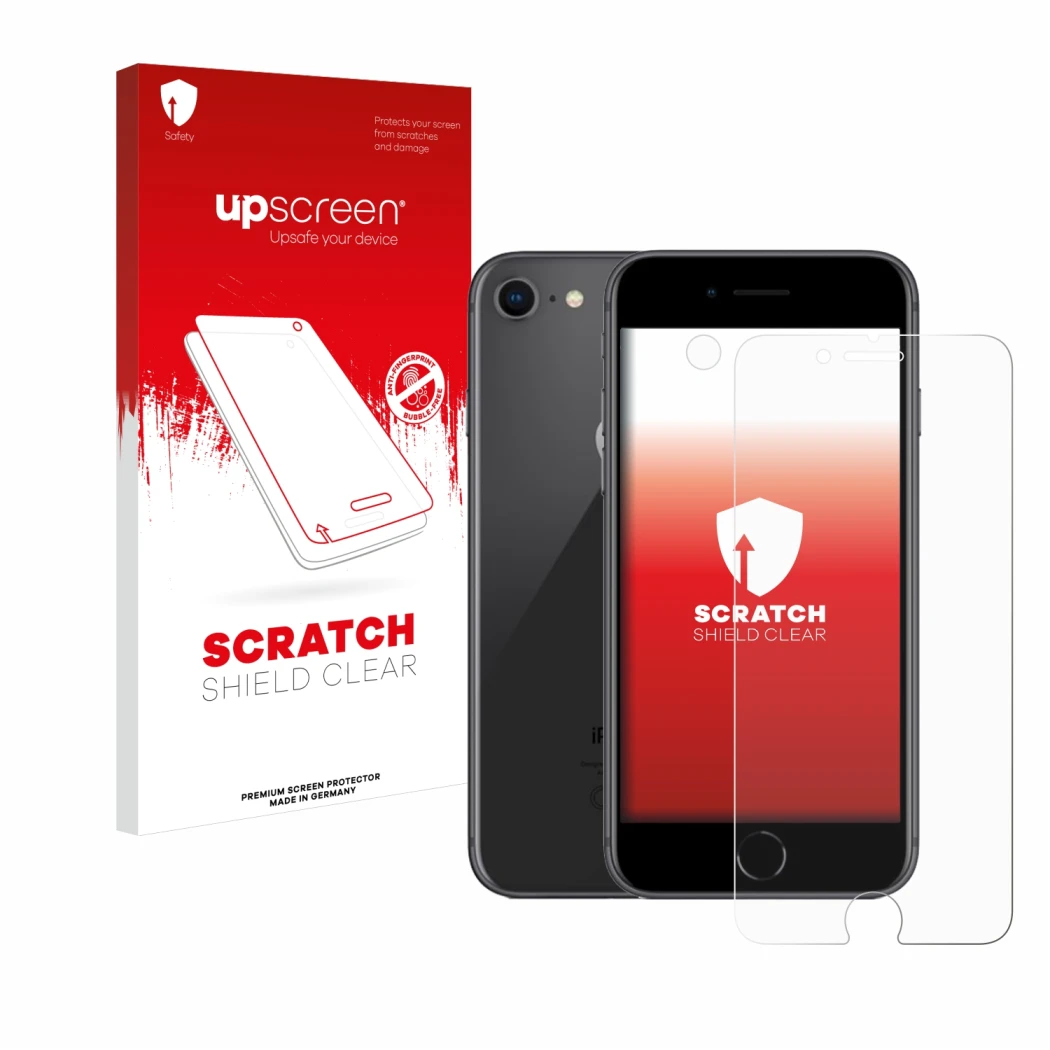 Parte frontale di una confezione del prodotto con il logo del marchio upscreen. Accanto è raffigurato il dispositivo Apple iPh