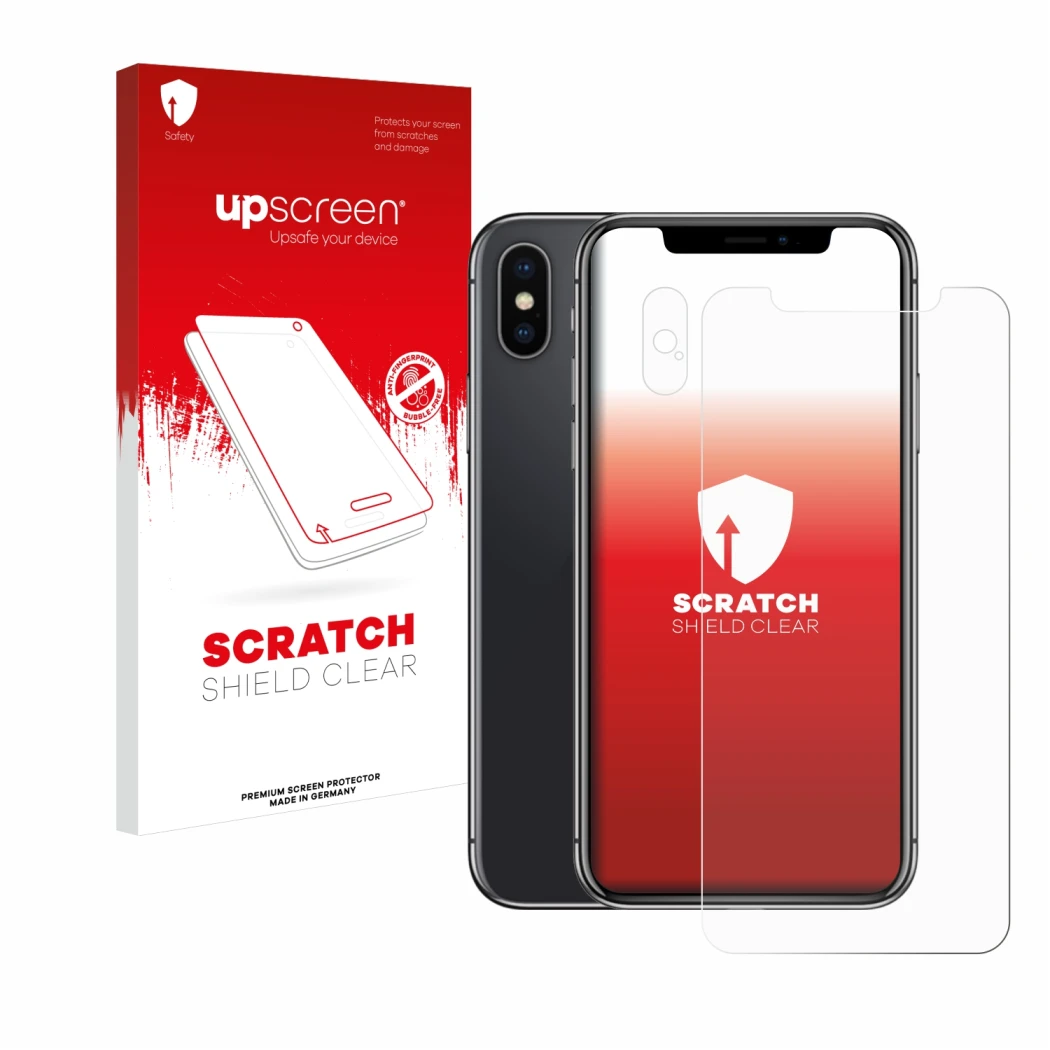 Parte frontale di una confezione del prodotto con il logo del marchio upscreen. Accanto è raffigurato il dispositivo Apple iPh