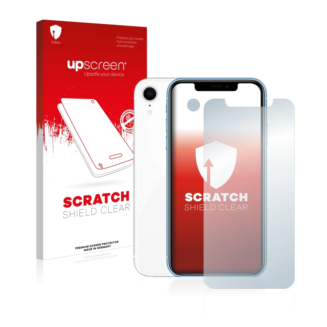 Parte frontale di una confezione del prodotto con il logo del marchio upscreen. Accanto è raffigurato il dispositivo Apple iPh