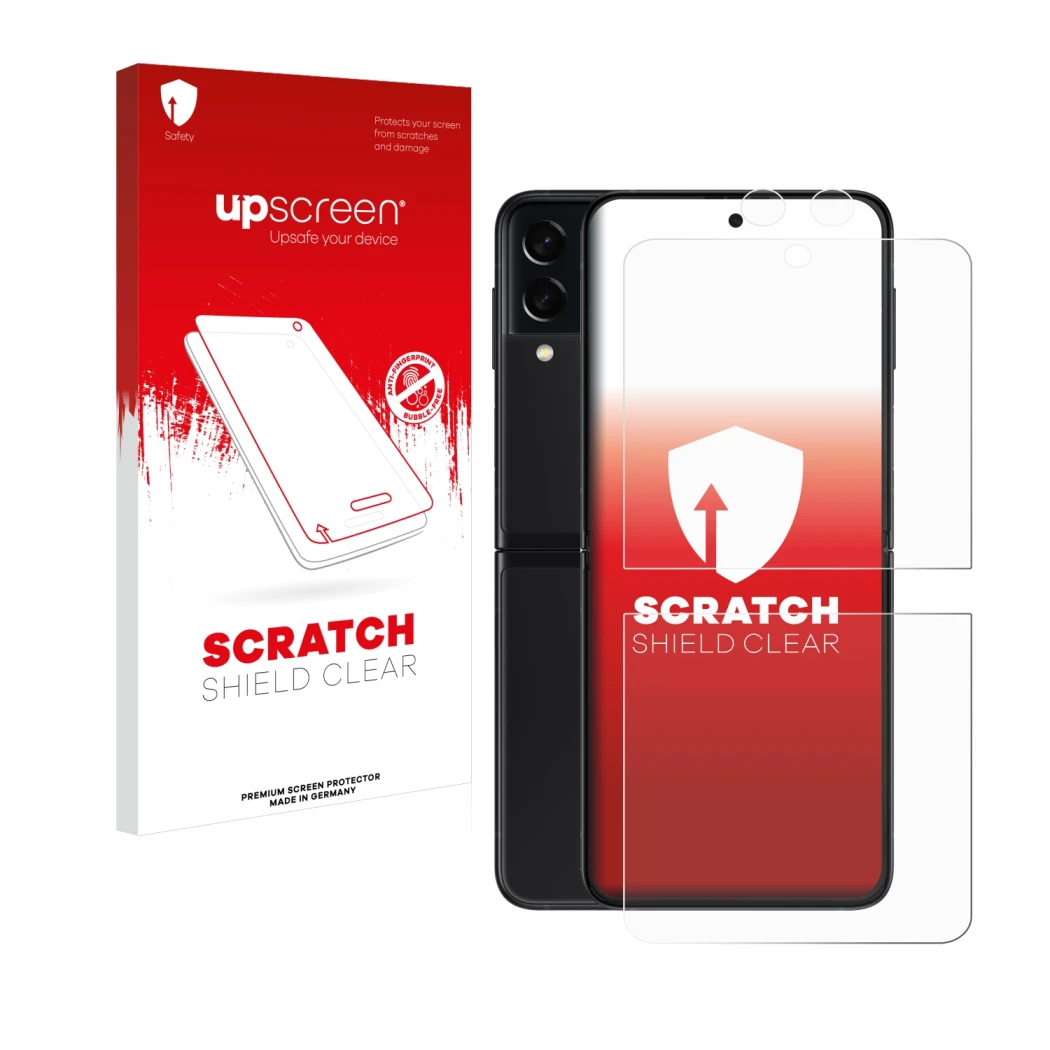 Parte frontale di una confezione del prodotto con il logo del marchio upscreen. Accanto è raffigurato il dispositivo Samsung G