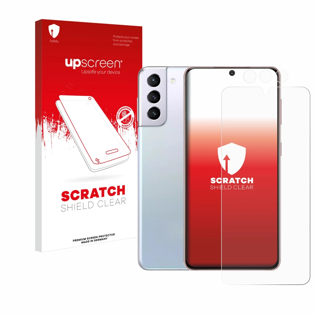 Parte frontale di una confezione del prodotto con il logo del marchio upscreen. Accanto è raffigurato il dispositivo Samsung G