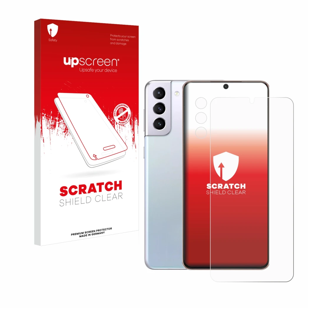Parte frontale di una confezione del prodotto con il logo del marchio upscreen. Accanto è raffigurato il dispositivo Samsung G