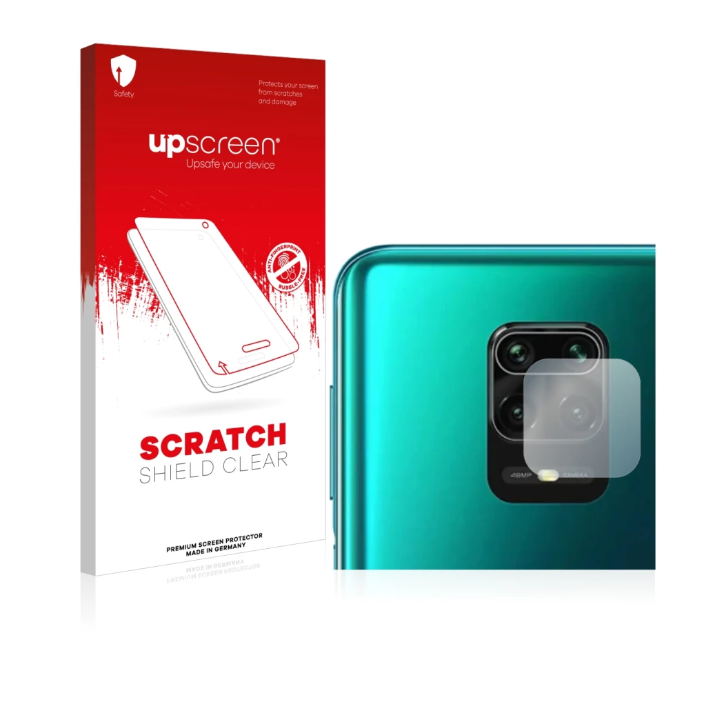 Parte frontale di una confezione del prodotto con il logo del marchio upscreen. Accanto è raffigurato il dispositivo Xiaomi Re