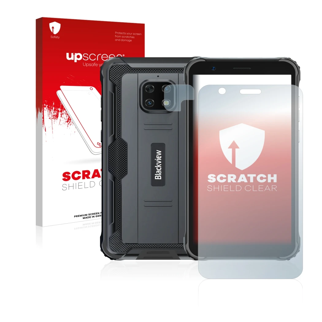 Parte frontale di una confezione del prodotto con il logo del marchio upscreen. Accanto è raffigurato il dispositivo Blackview