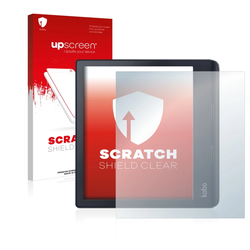 Parte frontale di una confezione del prodotto con il logo del marchio upscreen. Accanto è raffigurato il dispositivo Kobo Sage