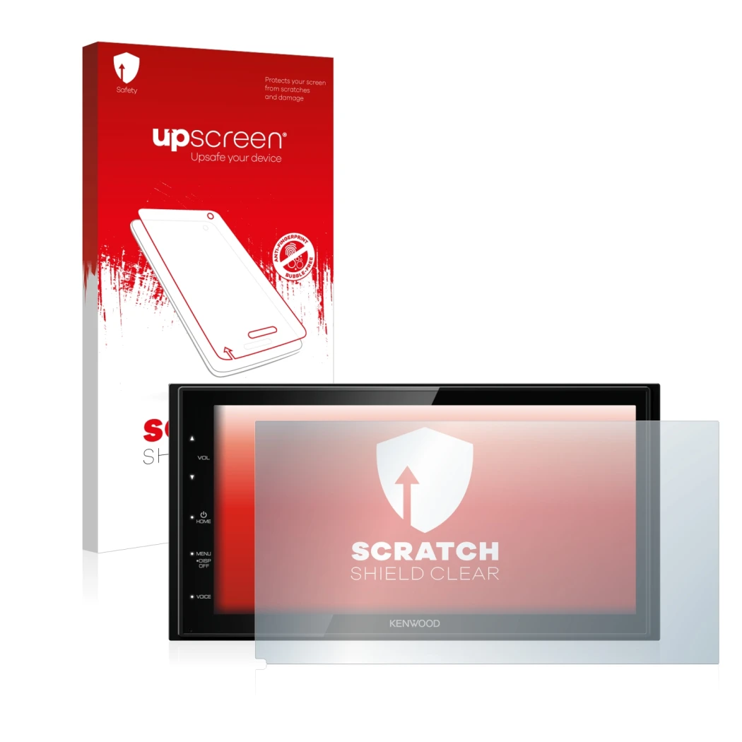 Parte frontale di una confezione del prodotto con il logo del marchio upscreen. Accanto è raffigurato il dispositivo Kenwood D