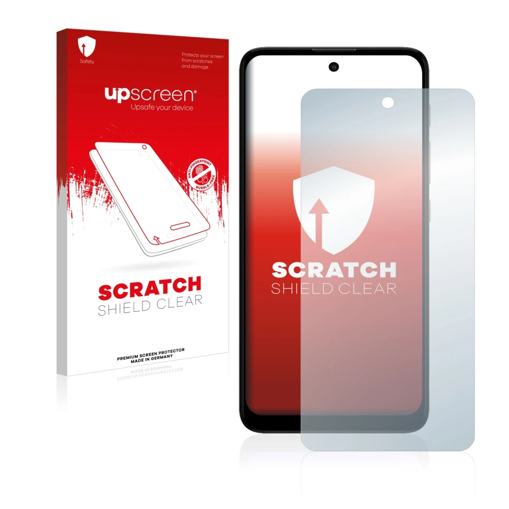 Parte frontale di una confezione del prodotto con il logo del marchio upscreen. Accanto è raffigurato il dispositivo Motorola