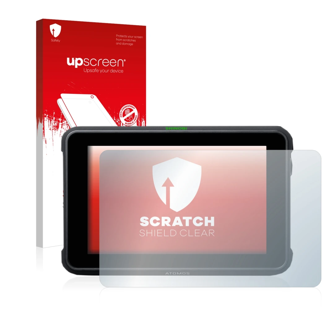 Parte frontale di una confezione del prodotto con il logo del marchio upscreen. Accanto è raffigurato il dispositivo Atomos Sh