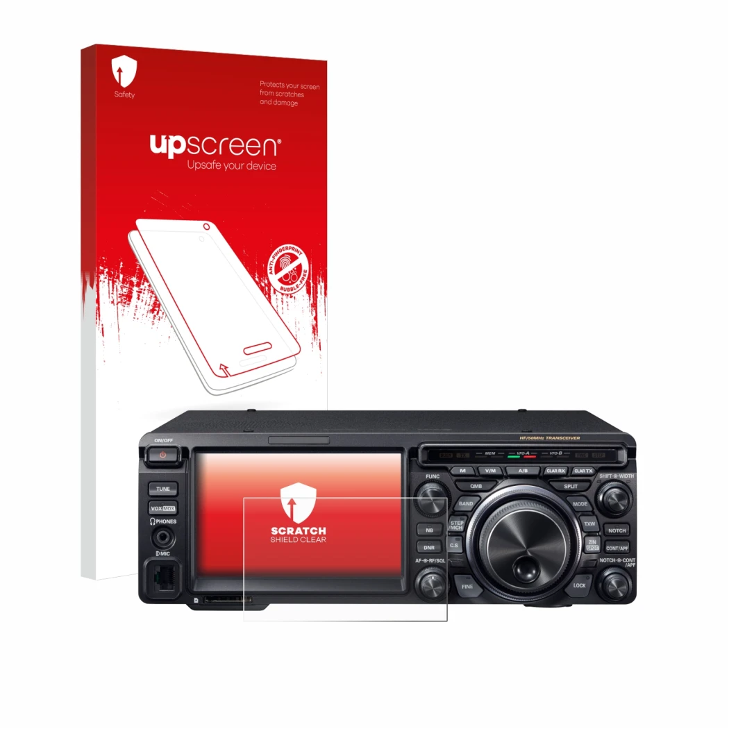 Parte frontale di una confezione del prodotto con il logo del marchio upscreen. Accanto è raffigurato il dispositivo Yaesu FT-