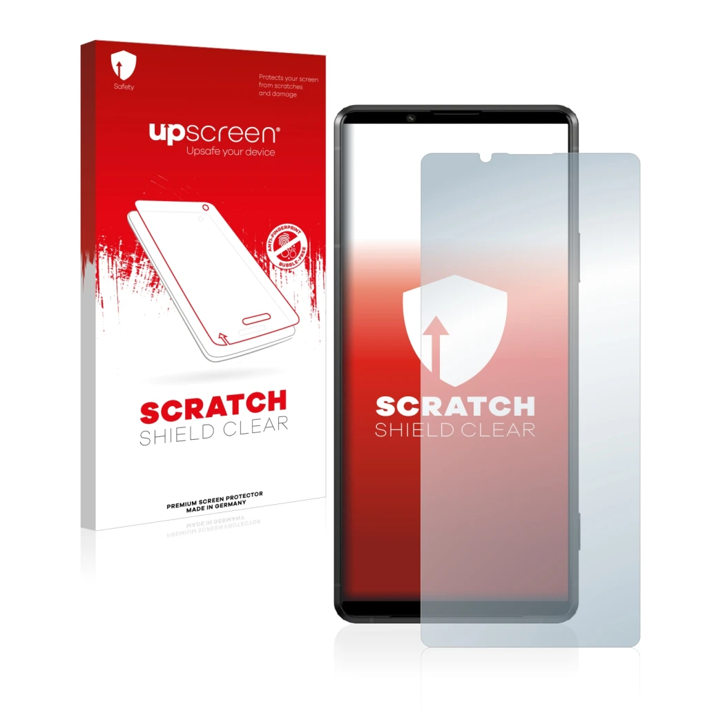 Parte frontale di una confezione del prodotto con il logo del marchio upscreen. Accanto è raffigurato il dispositivo Sony Xper