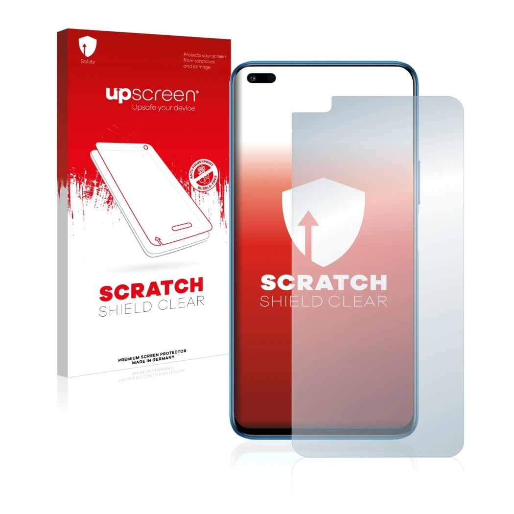 Parte frontale di una confezione del prodotto con il logo del marchio upscreen. Accanto è raffigurato il dispositivo Honor 50