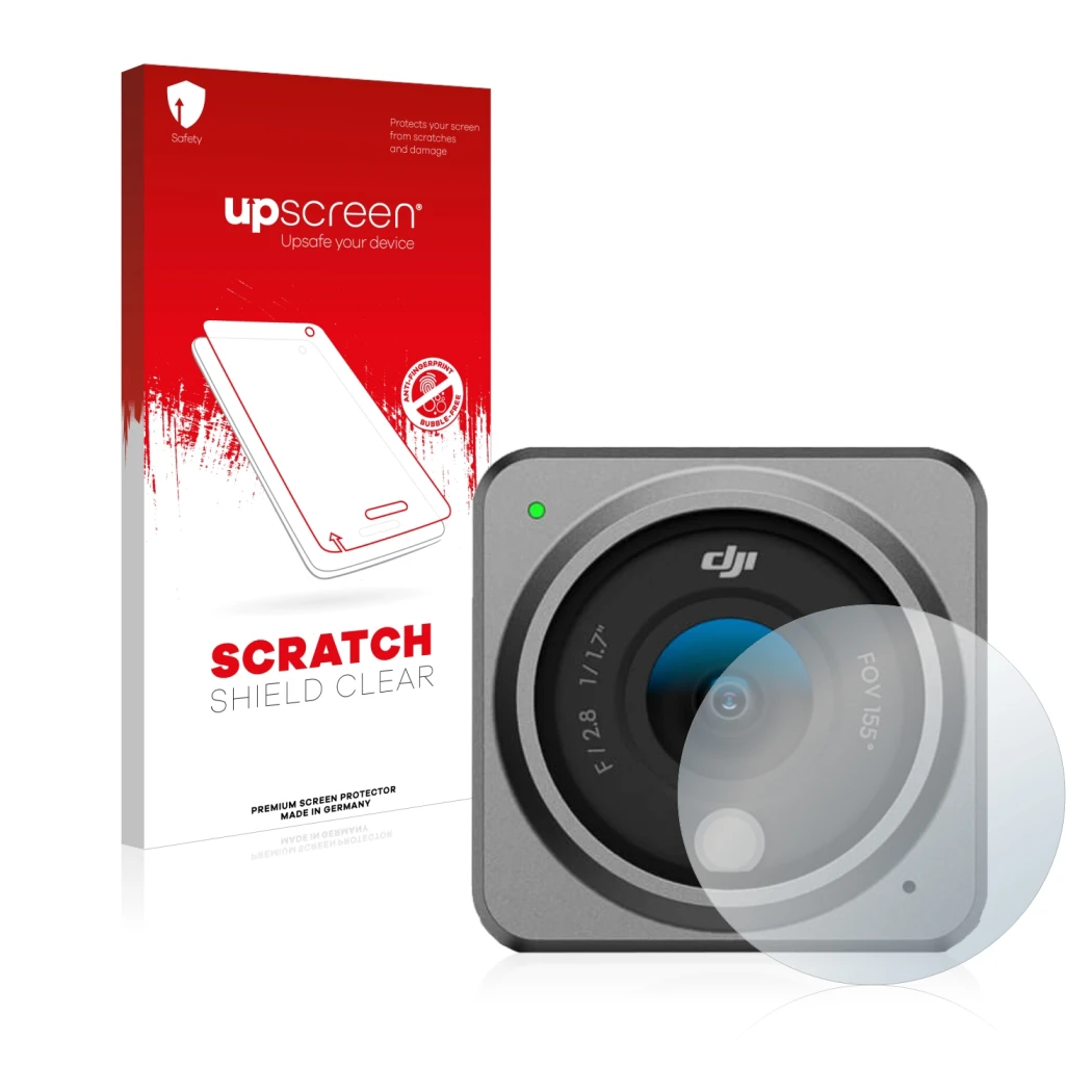 Parte frontale di una confezione del prodotto con il logo del marchio upscreen. Accanto è raffigurato il dispositivo DJI Actio