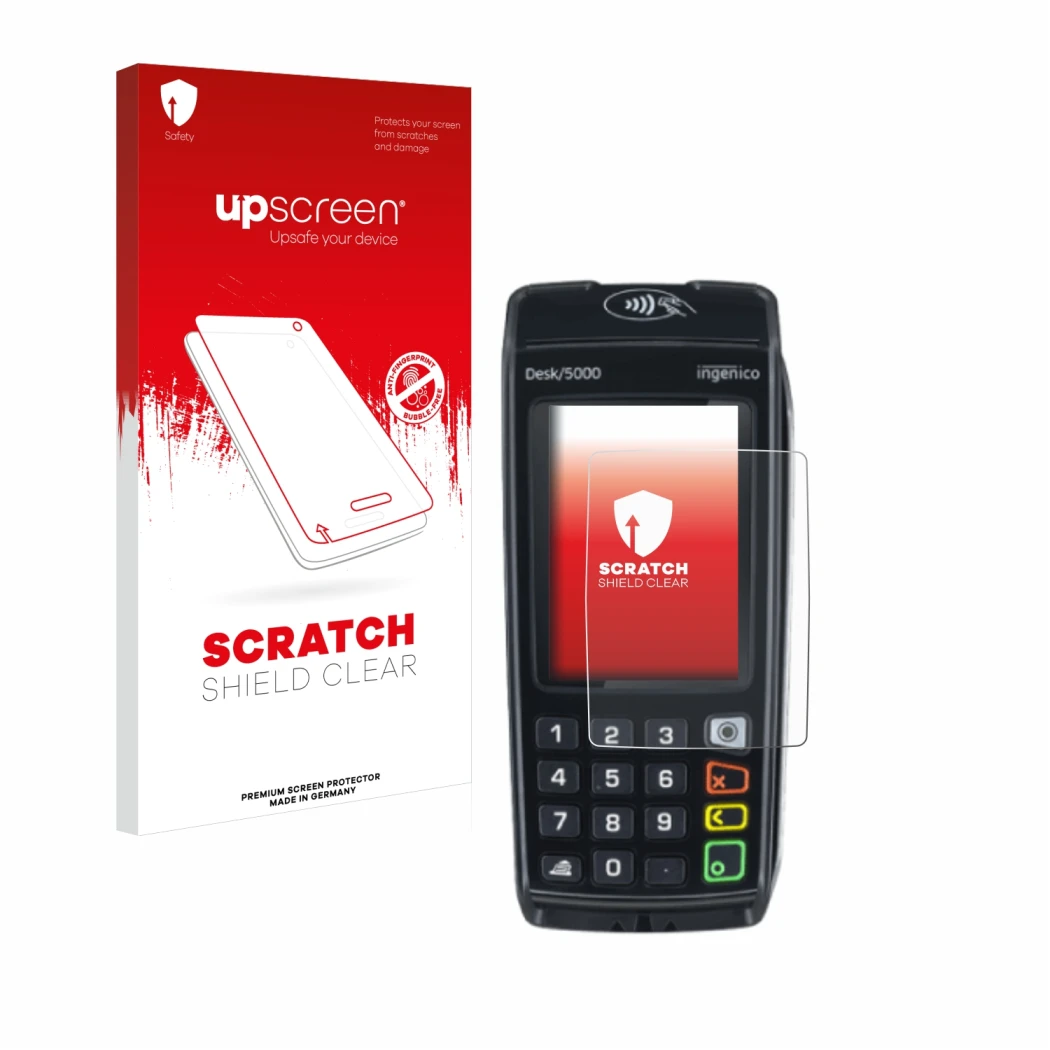 Parte frontale di una confezione del prodotto con il logo del marchio upscreen. Accanto è raffigurato il dispositivo ingenico