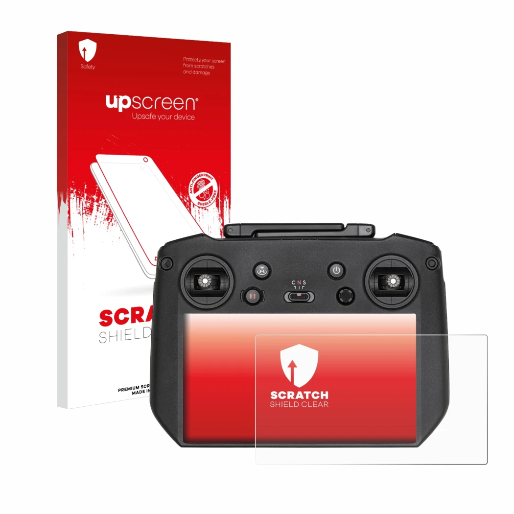 Parte frontale di una confezione del prodotto con il logo del marchio upscreen. Accanto è raffigurato il dispositivo DJI RC Pr