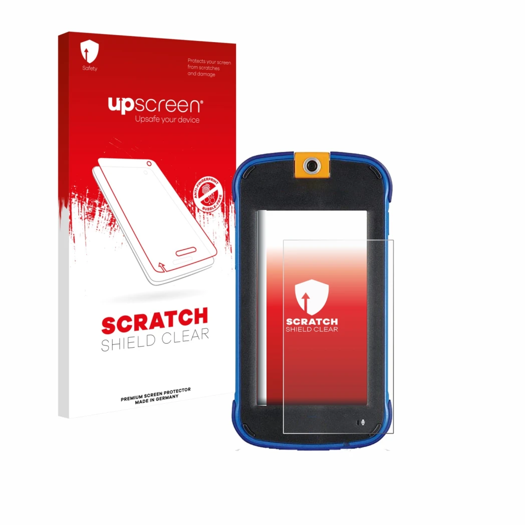 Parte frontale di una confezione del prodotto con il logo del marchio upscreen. Accanto è raffigurato il dispositivo Vtech Kid