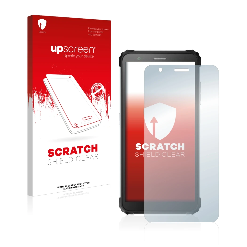 Parte frontale di una confezione del prodotto con il logo del marchio upscreen. Accanto è raffigurato il dispositivo Blackview