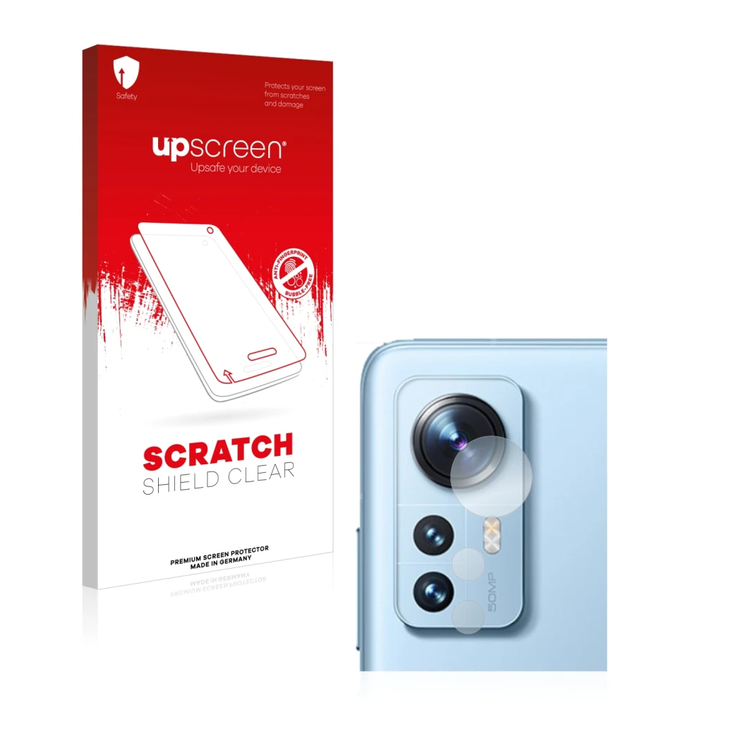 Parte frontale di una confezione del prodotto con il logo del marchio upscreen. Accanto è raffigurato il dispositivo Xiaomi 12