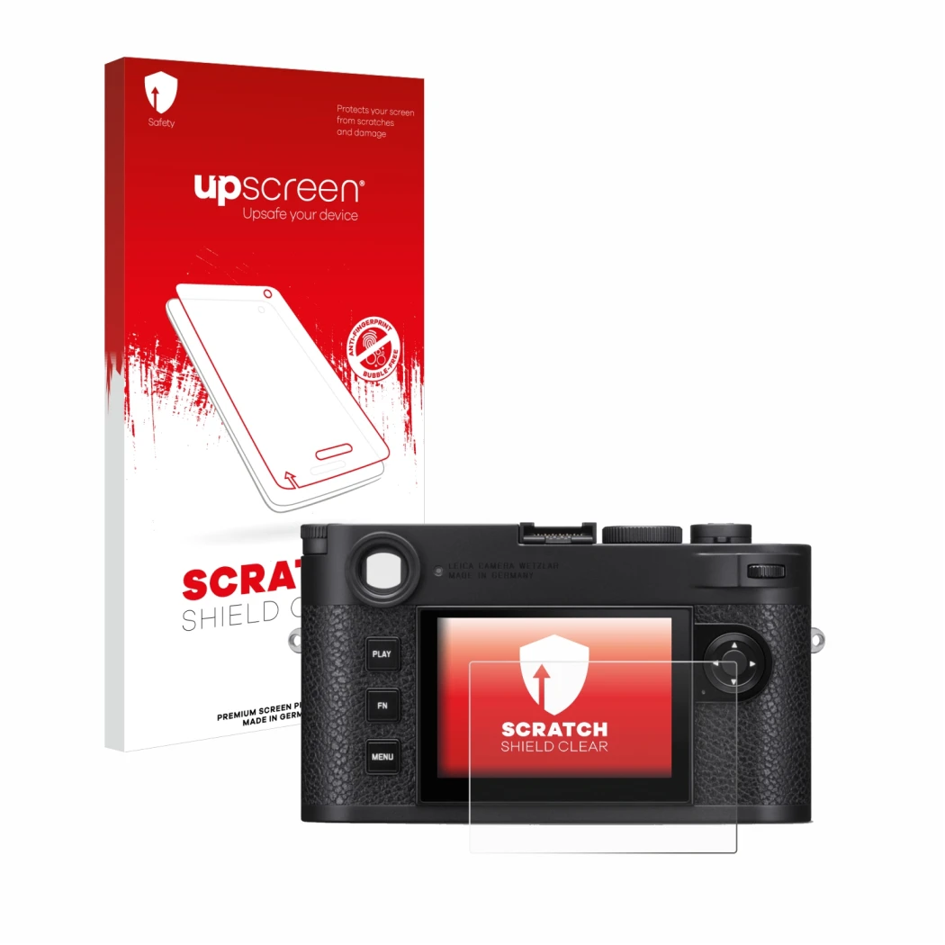 Parte frontale di una confezione del prodotto con il logo del marchio upscreen. Accanto è raffigurato il dispositivo Leica M11