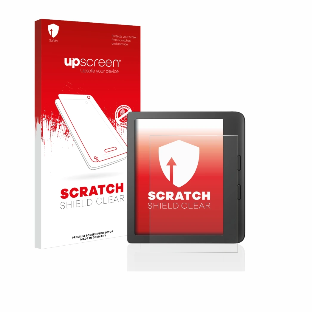 Parte frontale di una confezione del prodotto con il logo del marchio upscreen. Accanto è raffigurato il dispositivo Tolino Vi