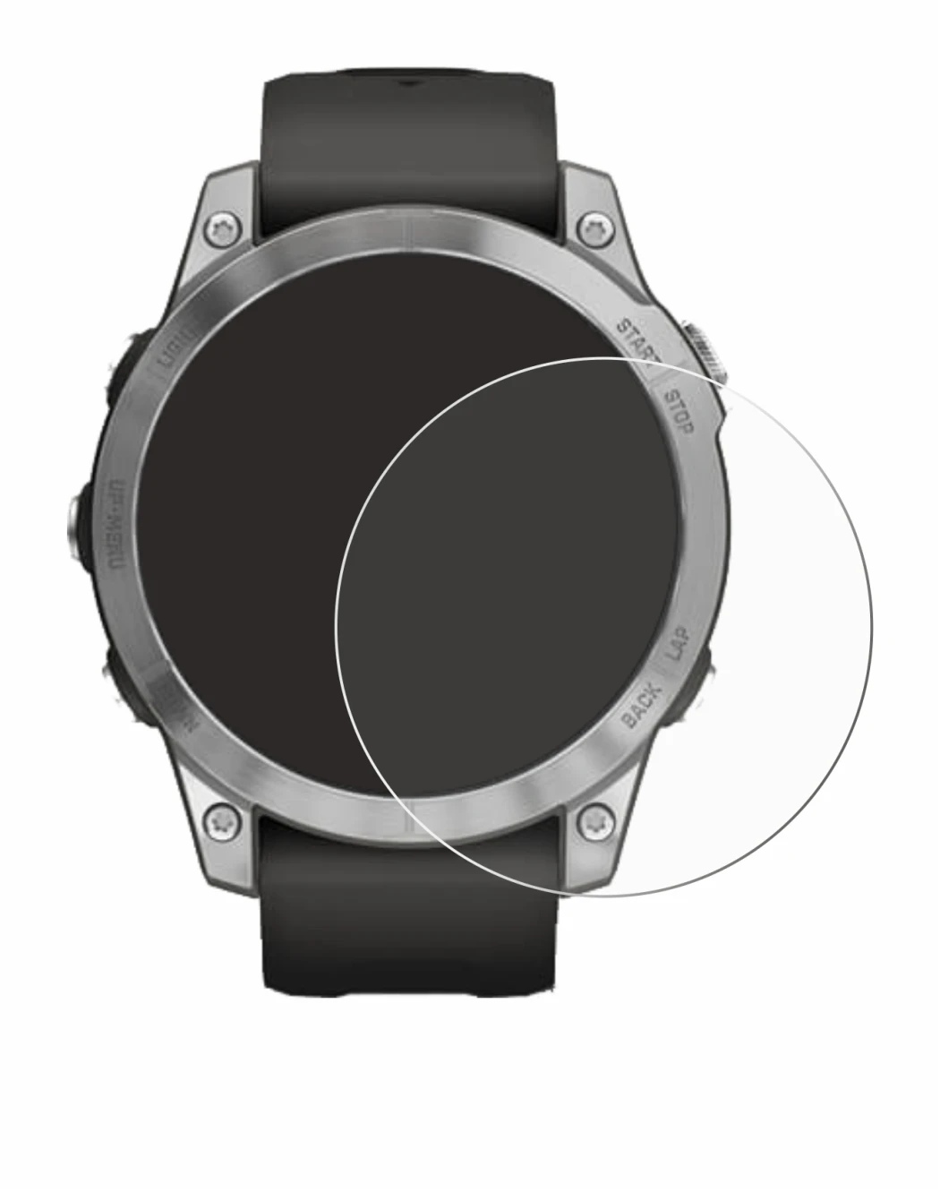 Immagine del dispositivo Garmin Fenix 7 (47 mm) con un'ampia varietà di protezioni per lo schermo.